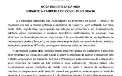Nota da Federação Brasileira das Associações de Síndrome de Down em defesa da vida durante a pandemia de COVID-19