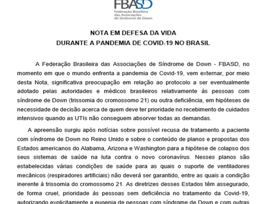Nota da Federação Brasileira das Associações de Síndrome de Down em defesa da vida durante a pandemia de COVID-19